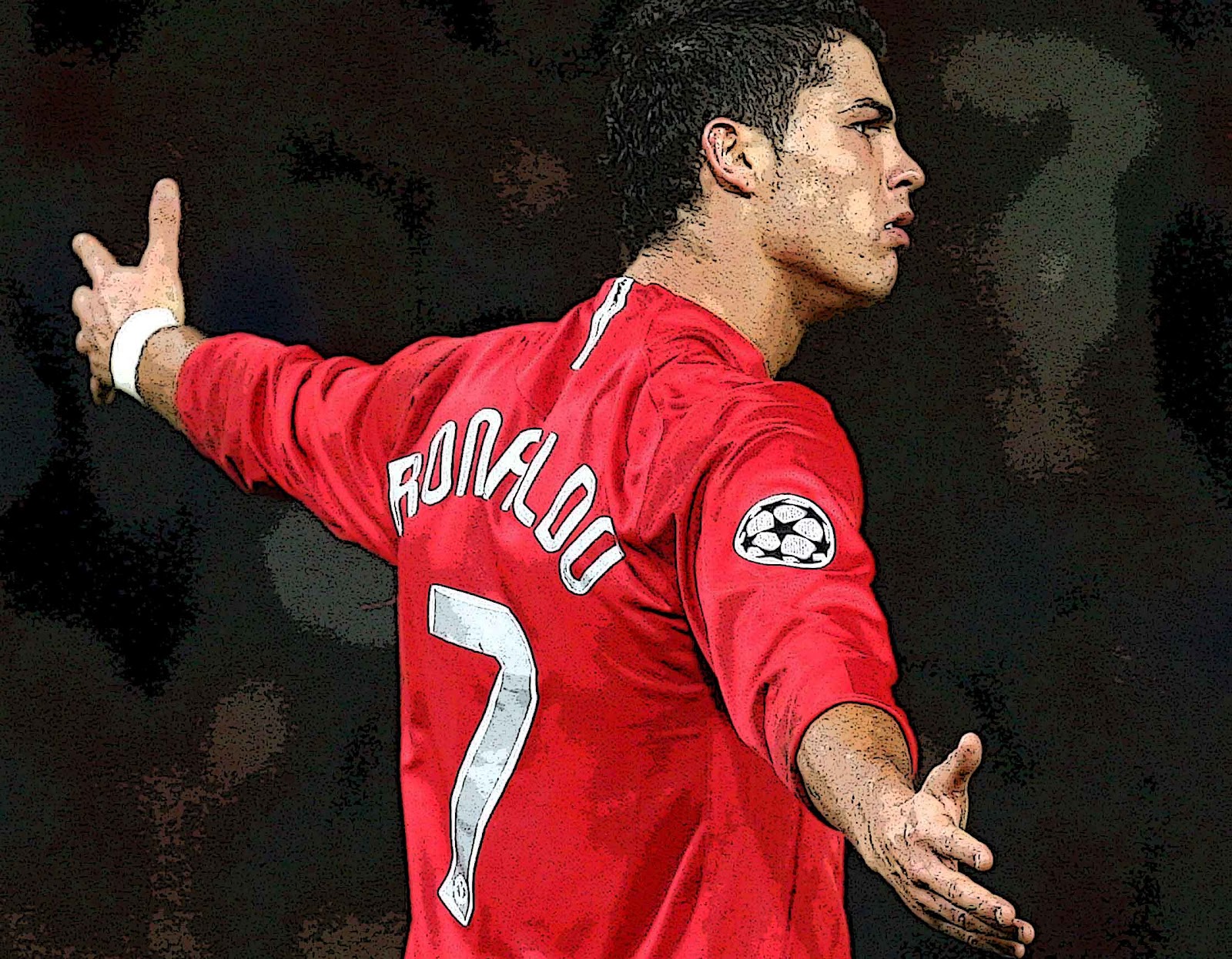Cristiano Ronaldo in his Manchester United jersey, number 7, arms outstretched in a classic celebratory pose