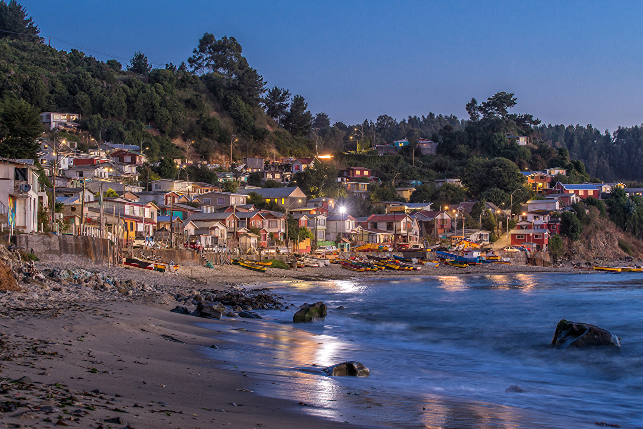 Image Chile Tome Coast Boats Evening Cities Houses