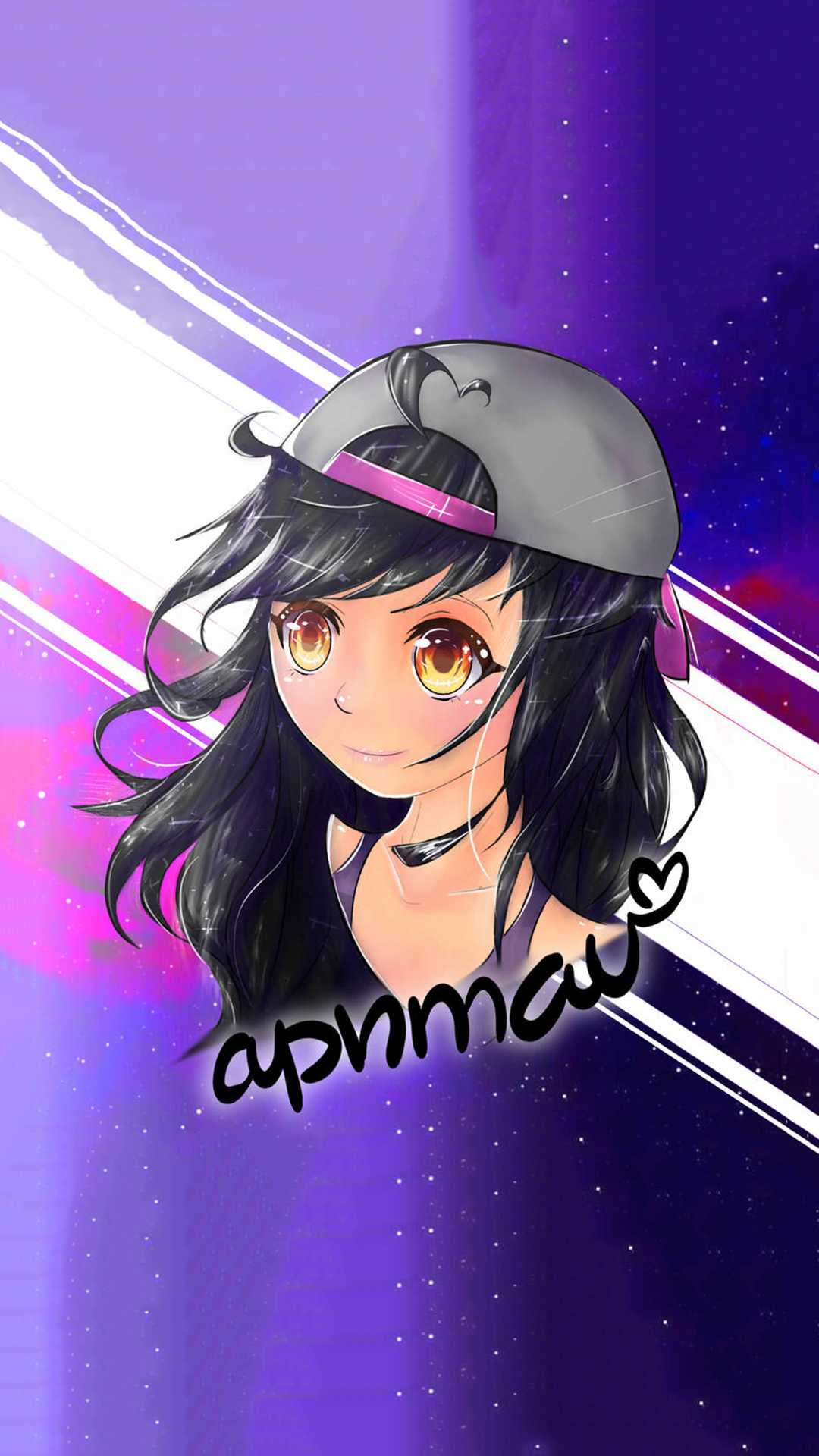 A stylized anime-style portrait of Aphmau, a popular YouTuber and gamer, set against a vibrant purple, star-dusted backdrop