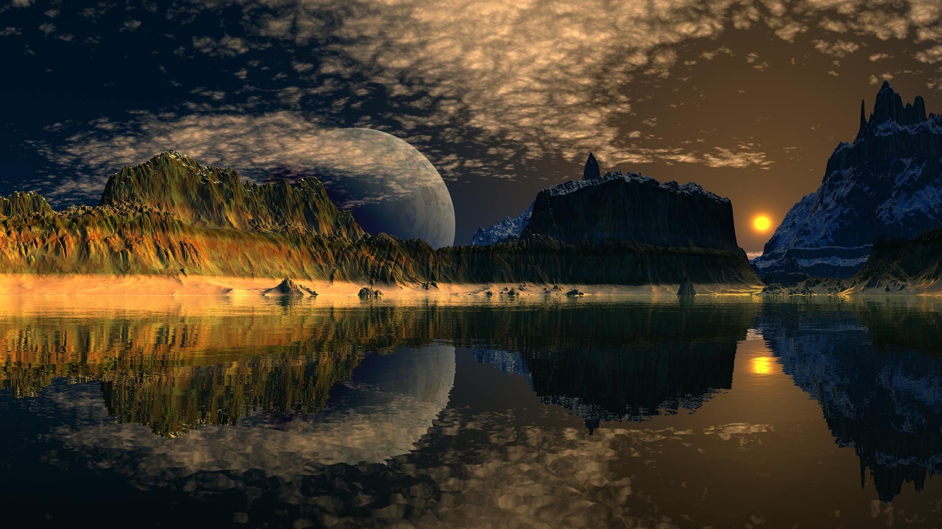 A breathtaking fantasy landscape at sunset with a large moon, mountains, and tranquil water, perfect for a desktop wallpaper
