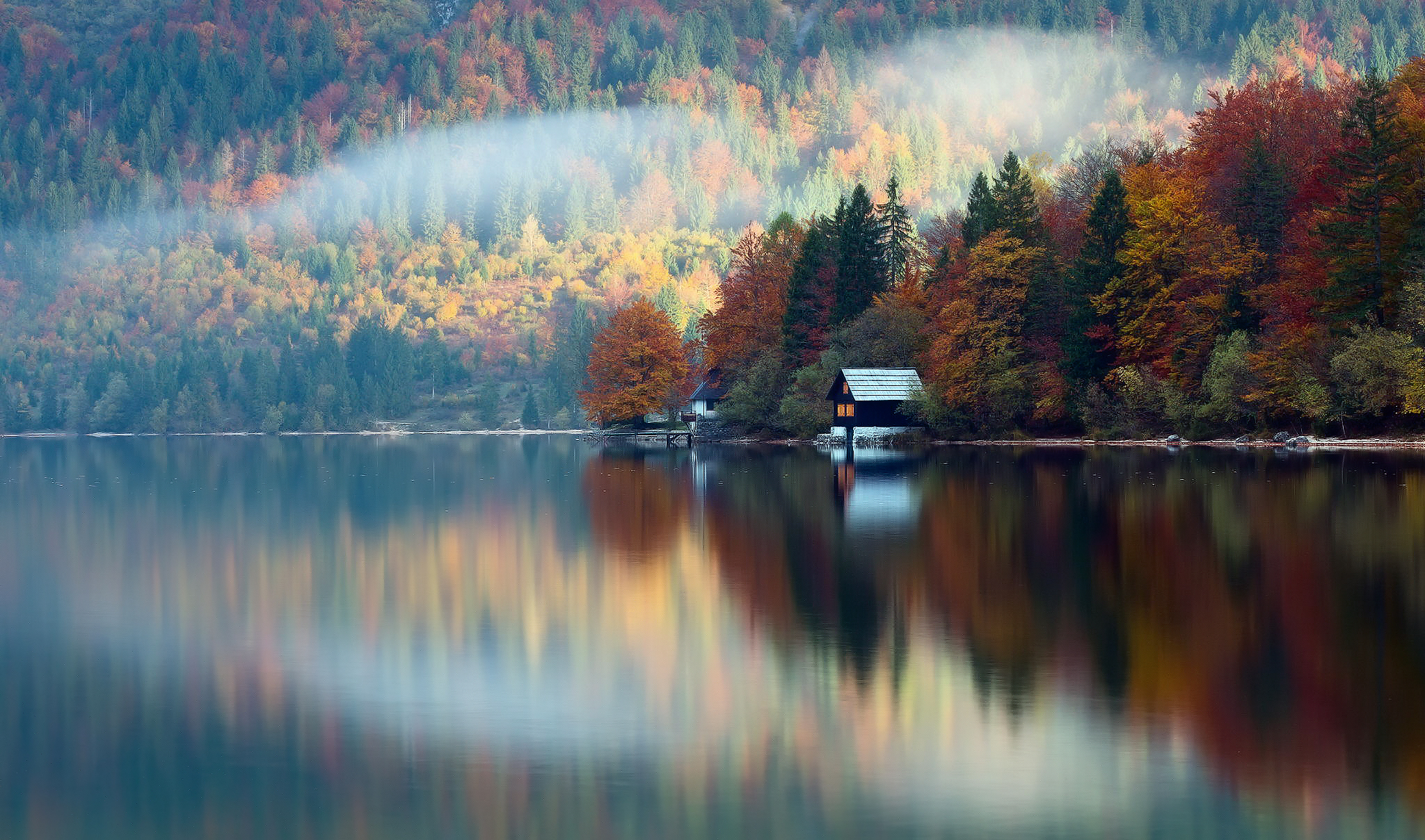 October Forest Lake Cabin Reflection Wallpaper Photos Pictures