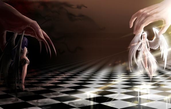 Fantasy Art Angel Demon A Chess Board Good Evil Wallpaper