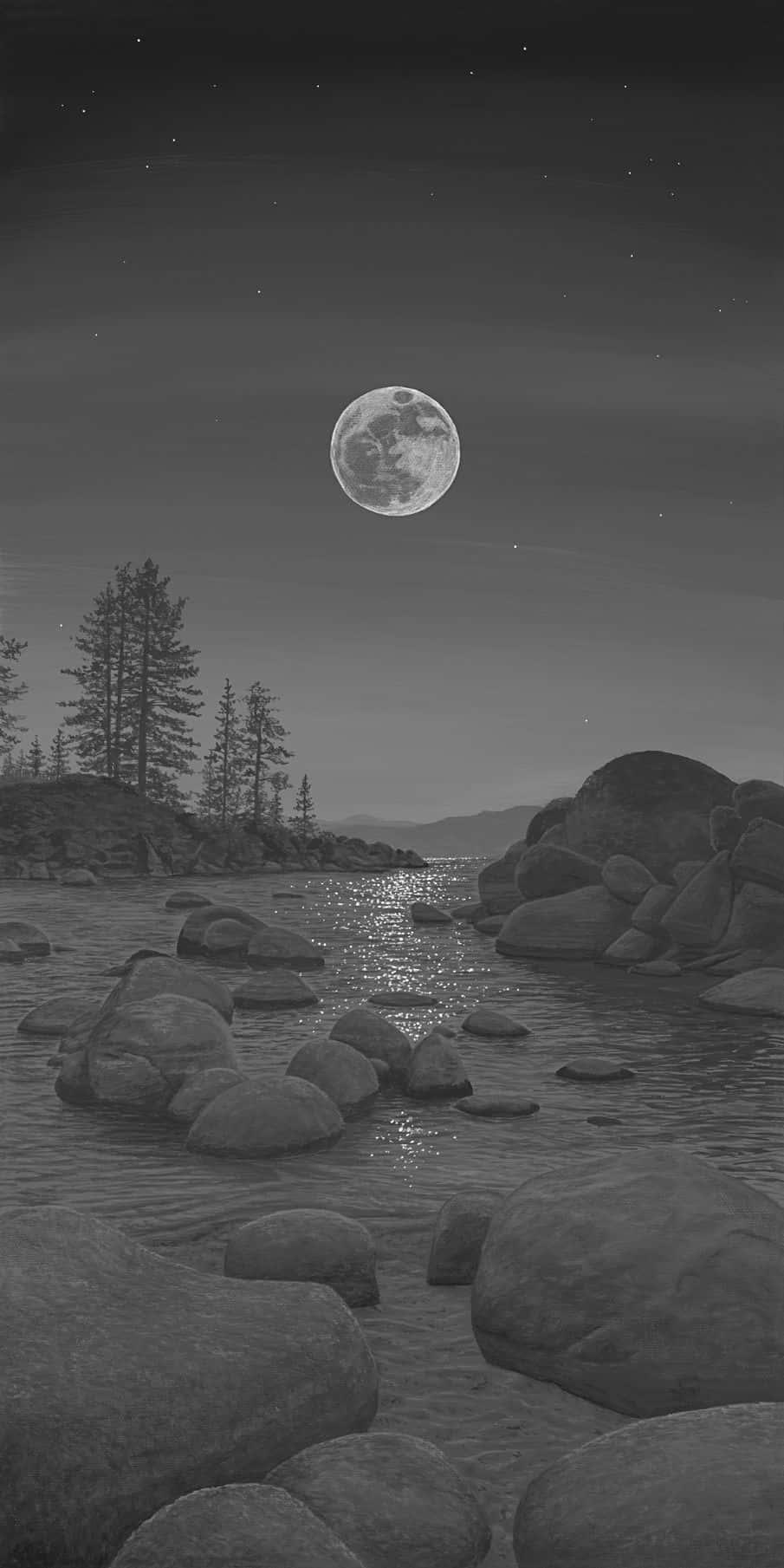 A Black And White Drawing Of Moon Over Lake Wallpaper