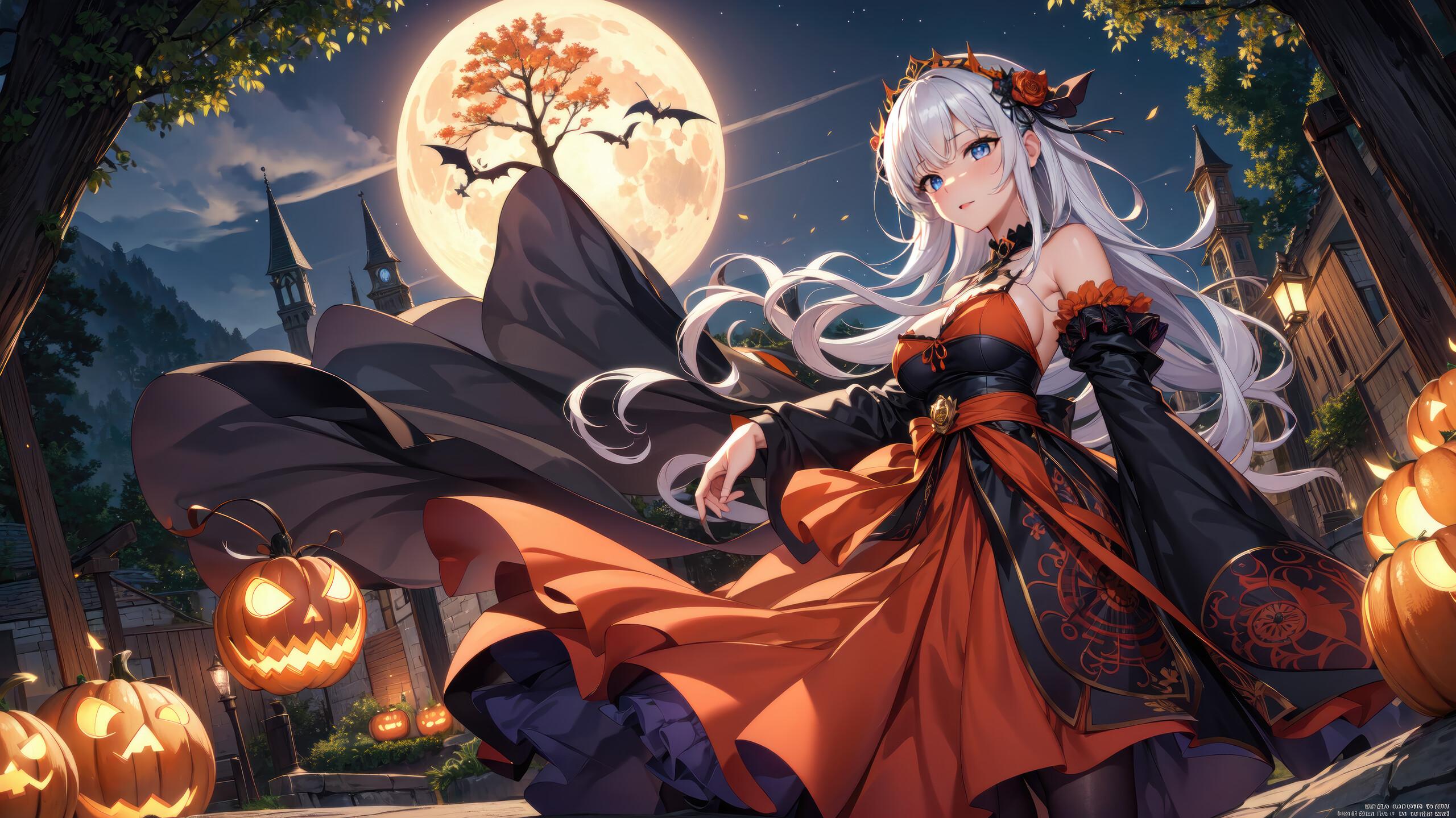 Anime Girl Halloween Night Moon Jack O Lantern 4k Wallpaper