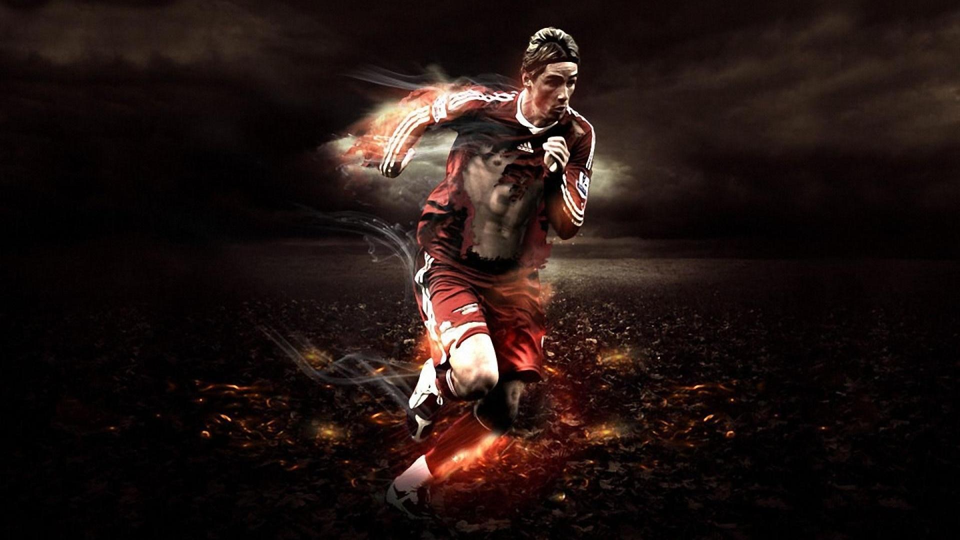 A soccer player in a red uniform sprints across a dark, fiery field, leaving a trail of smoke and embers in their wake