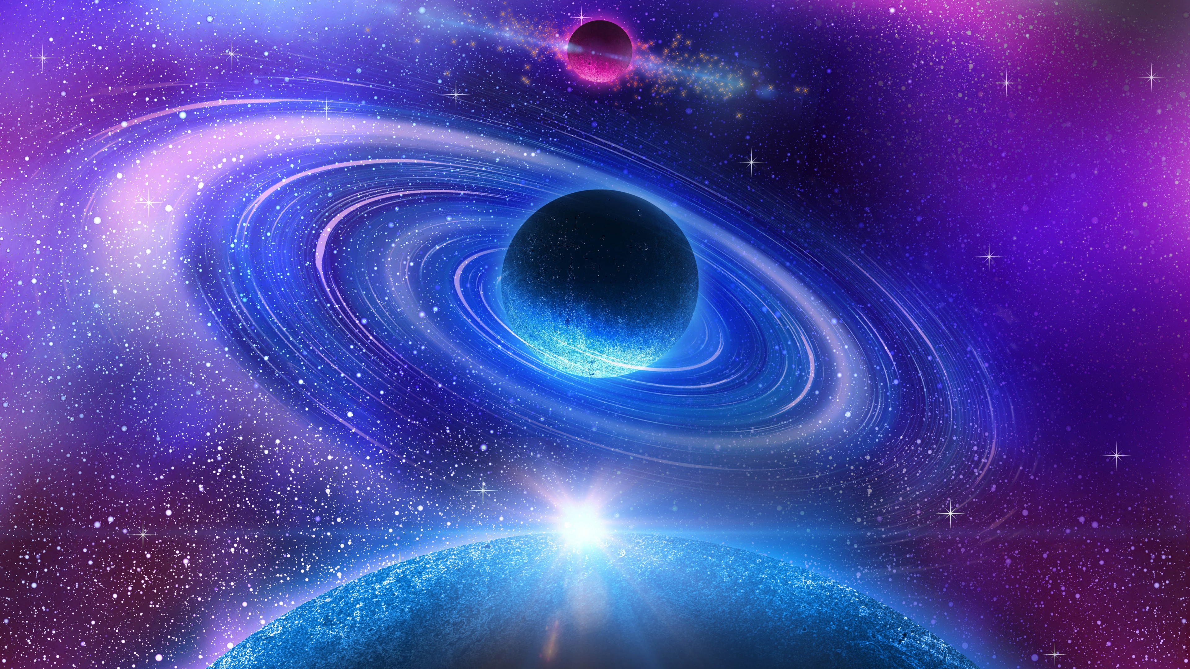 Vivid 4k wallpaper featuring a vibrant blue planet with prominent rings, set against a backdrop of a purple galaxy and a smaller, reddish planet
