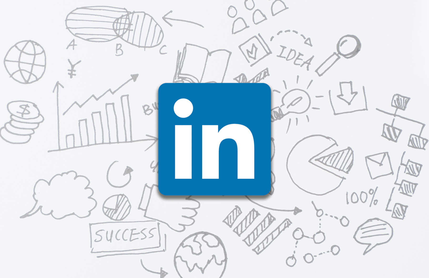 LinkedIn logo on a background of business-related doodles, symbolizing the platform's role in professional networking and career development