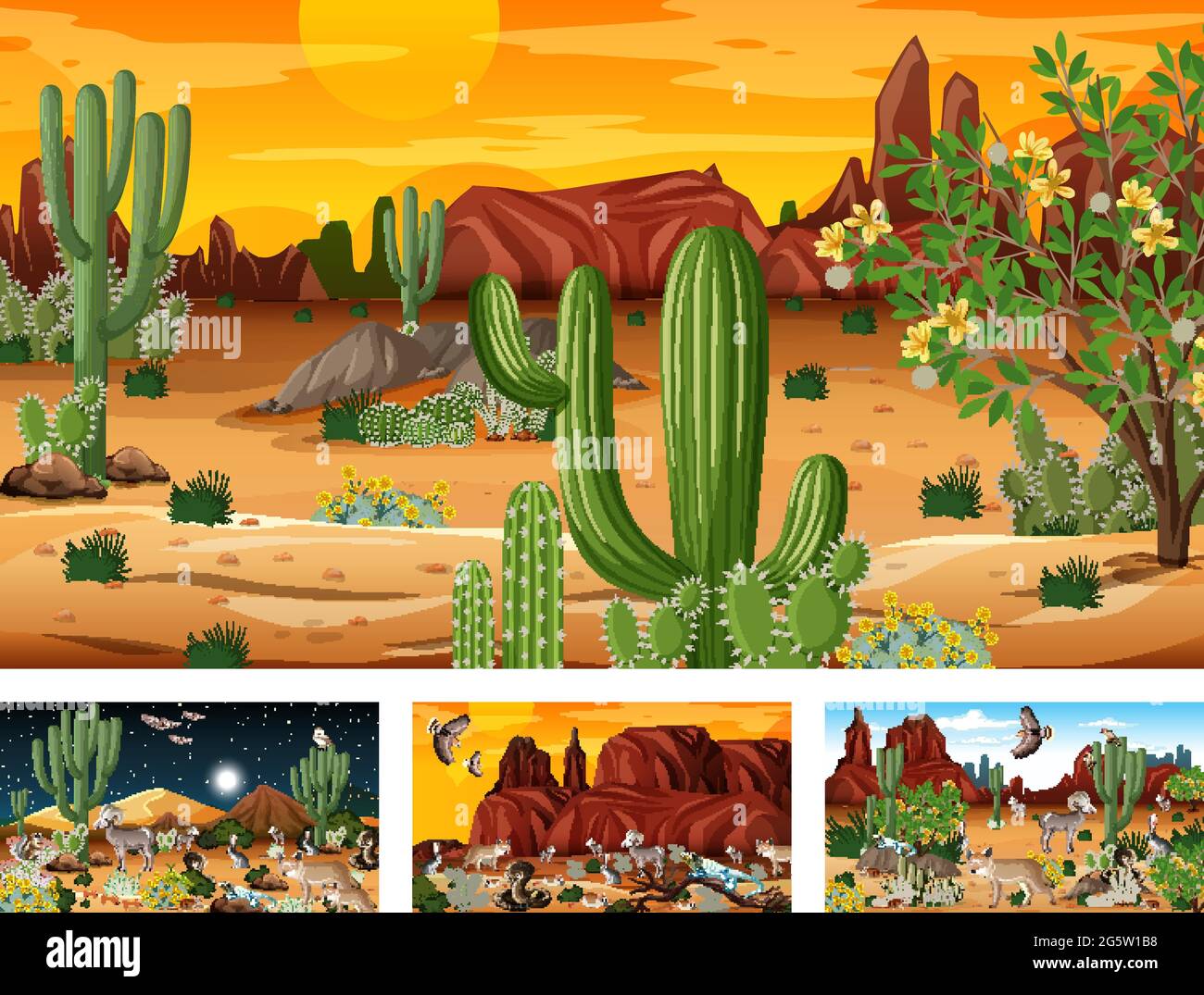 Different scenes with desert forest landscape with animals and