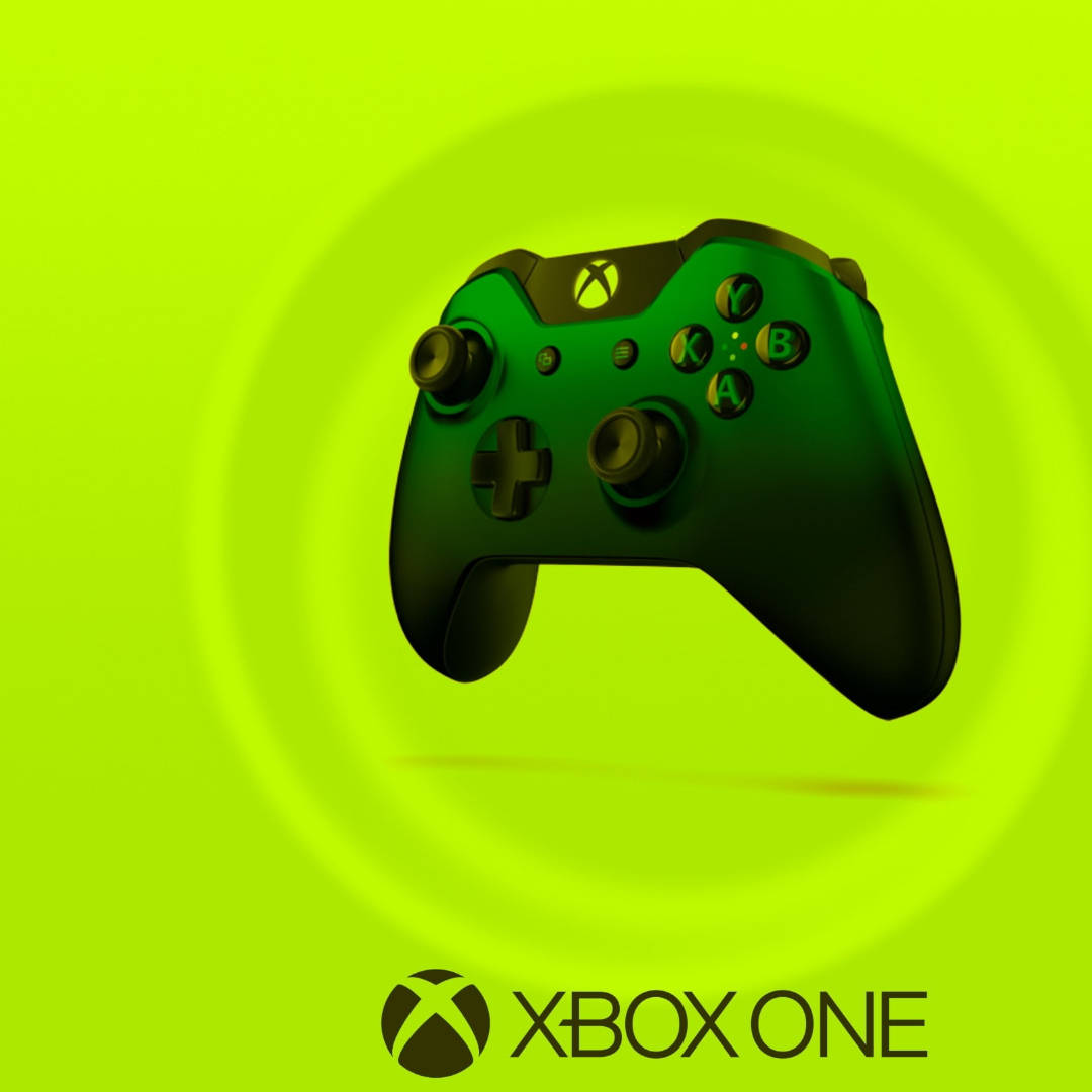 A vibrant green Xbox One controller on a matching neon background
