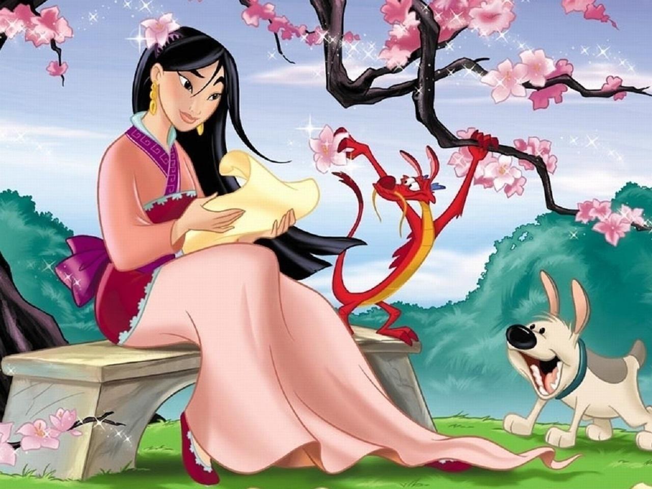 Mulan sitting on a bench reading with Mushu and Little Brother
