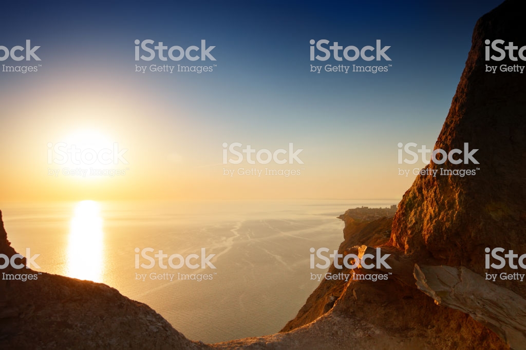 Sunset From Mountaintop Tourism Travel Sea Background Stock