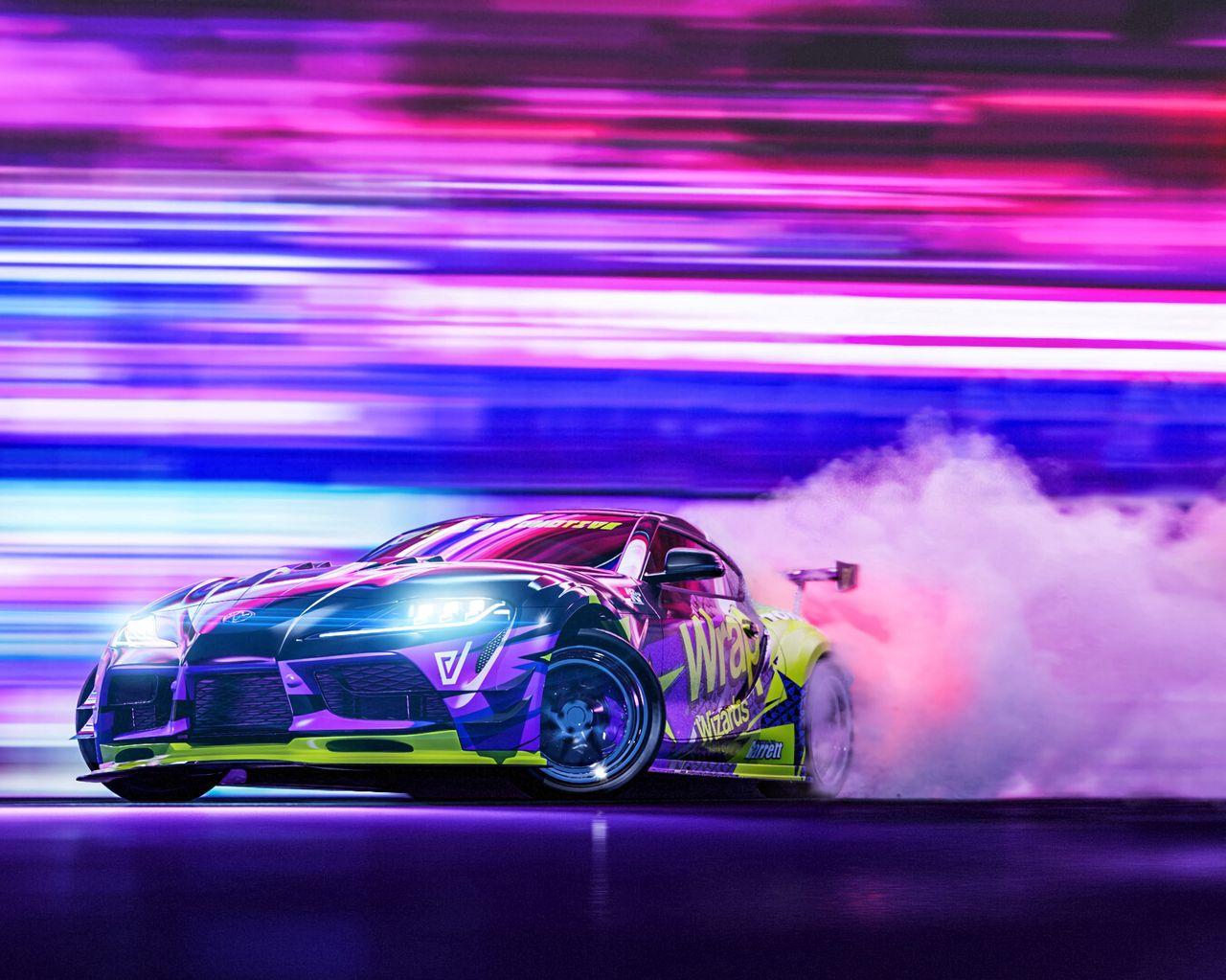 Wallpaper Sportscar Drift Neon Smoke Speed
