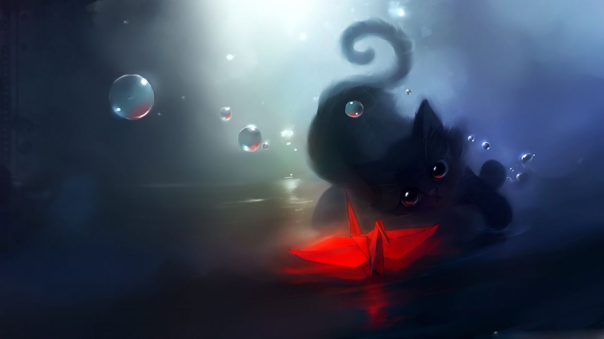 Red Origami Dark Cat Bokeh Water Painting Art Wallpaper
