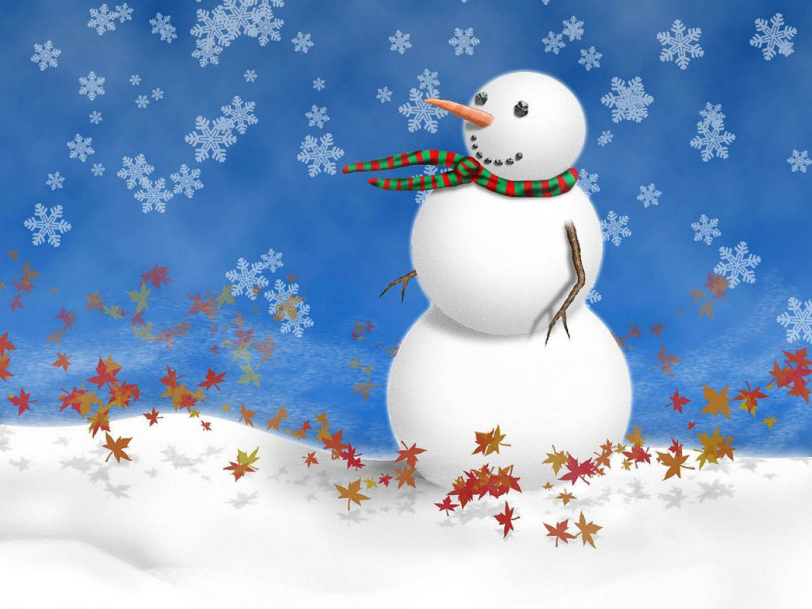 A cheerful snowman stands in a snowy landscape, adorned with a striped scarf and a carrot nose.  Snowflakes fall gently against a vibrant blue backdrop, while autumn leaves add an unexpected touch of warmth to the winter scene