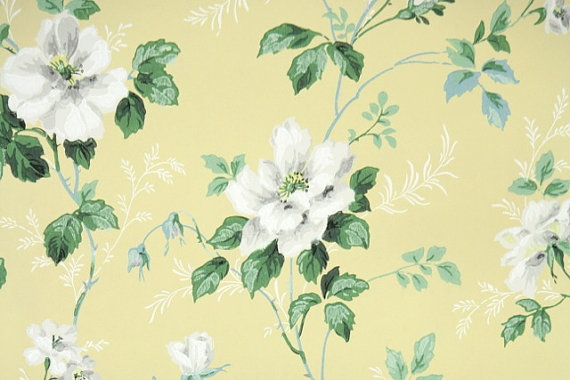 S Vintage Wallpaper Floral With White Roses On Yellow