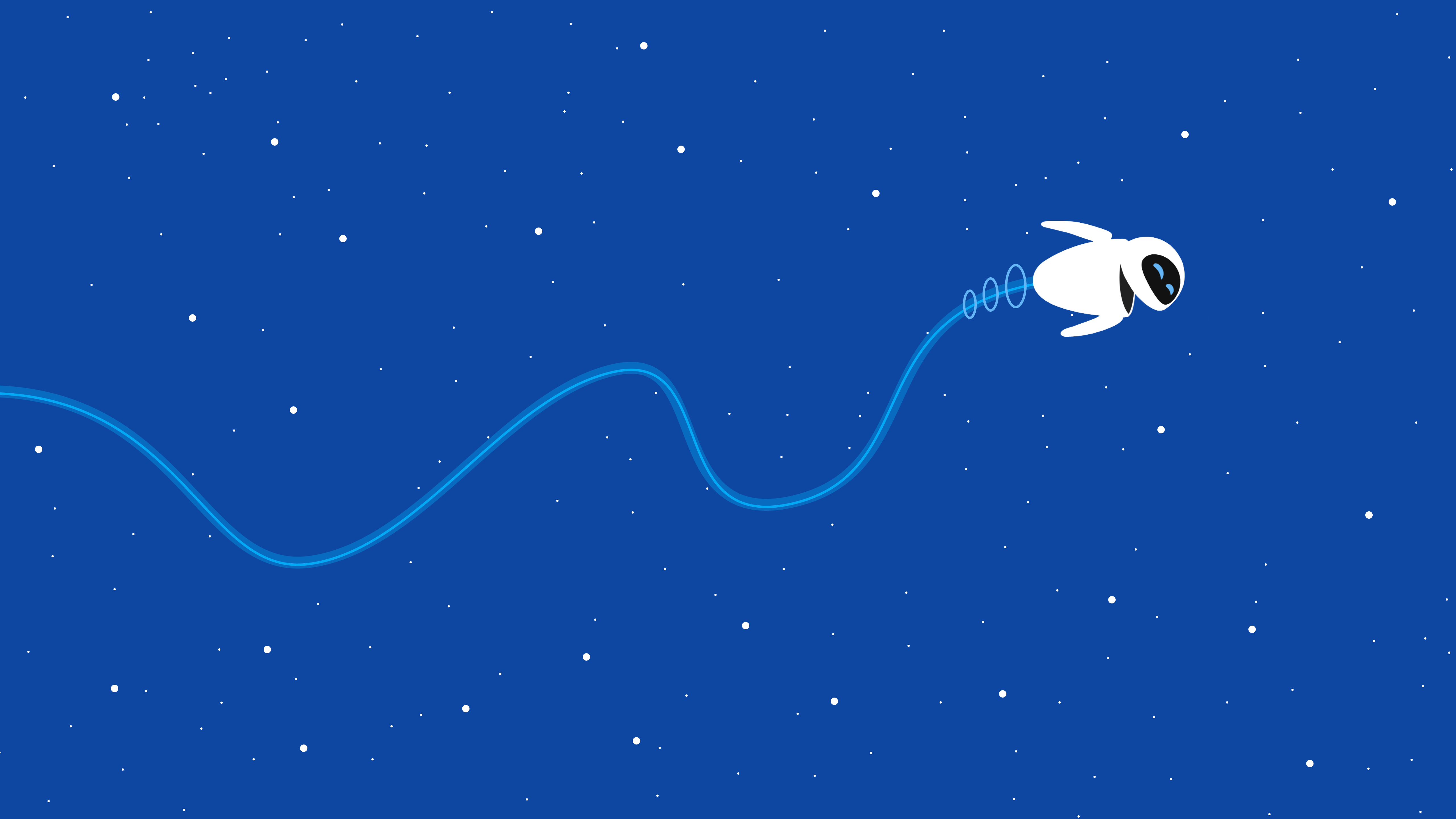 Minimalist wallpaper featuring a white robot floating in space, leaving a light blue trail against a dark blue background dotted with white stars