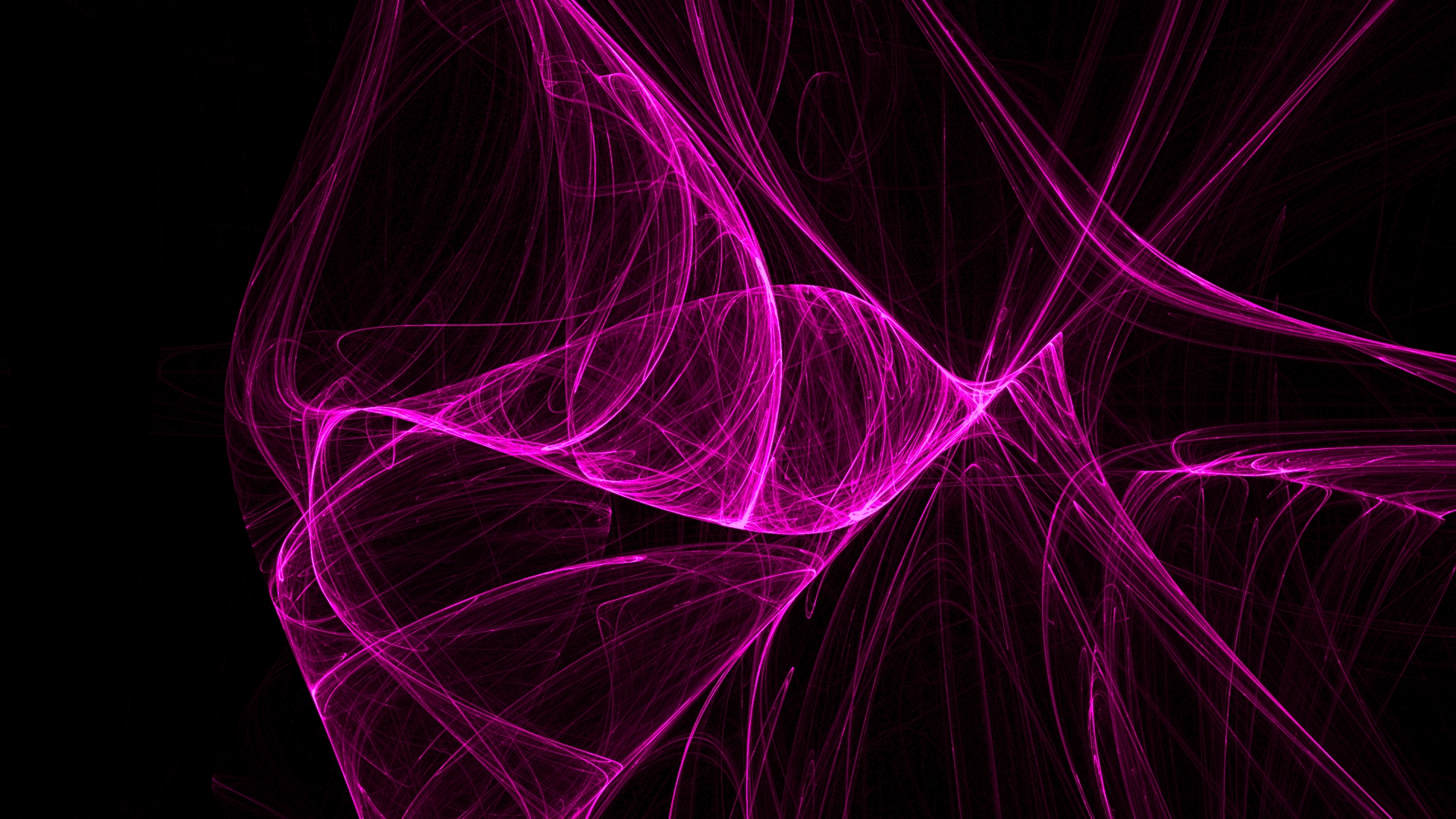 Abstract pink fractal design on a black background, resembling flowing ribbons of light