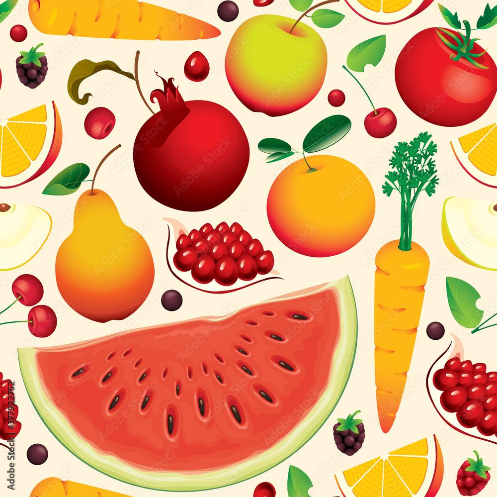 Seamless Pattern With Various Whole And Sliced Fruits Berries
