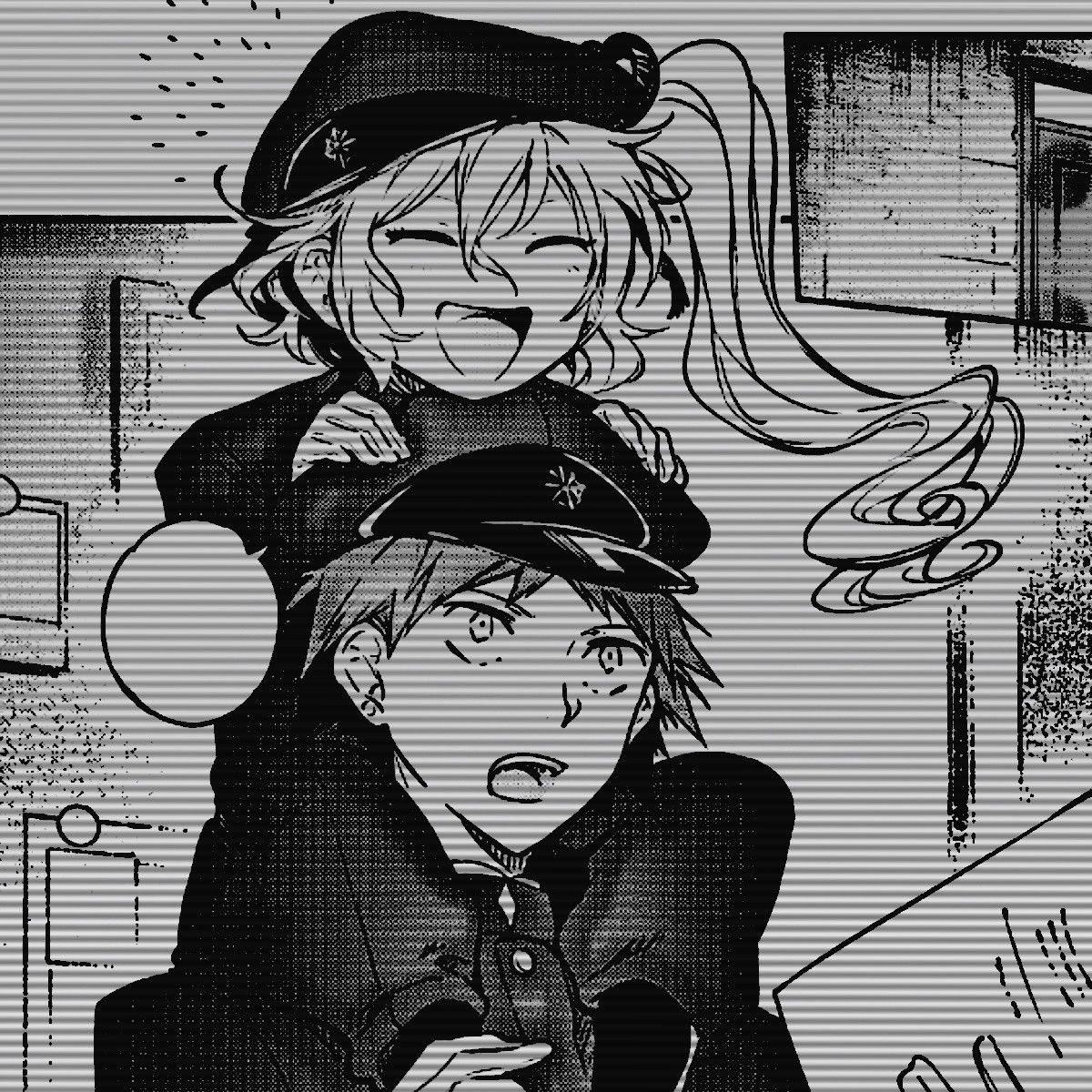 Black and white manga panel featuring Tachihara Michizou from Bungou Stray Dogs, giving a piggyback ride to another character