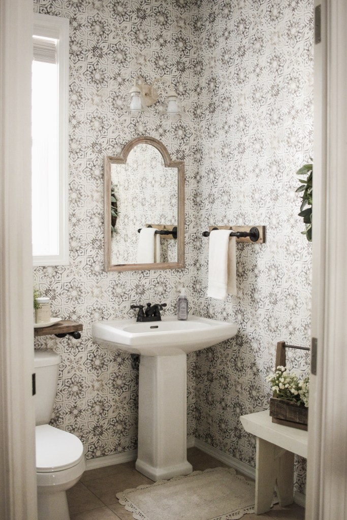 Modern Rustic Farmhouse Bathroom Makeover With Vintage Patina Tile