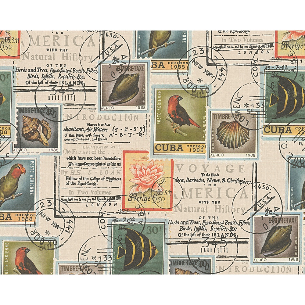 As Creation Postage Stamp Pattern Bird Fish Motif Vinyl Wallpaper