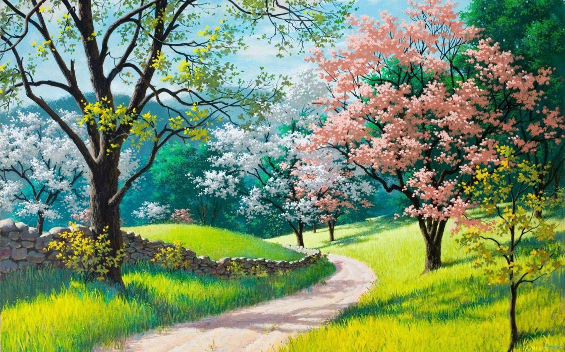 Spring Tree Snow Beauty Landscape Oil Painting Art Wallpaper