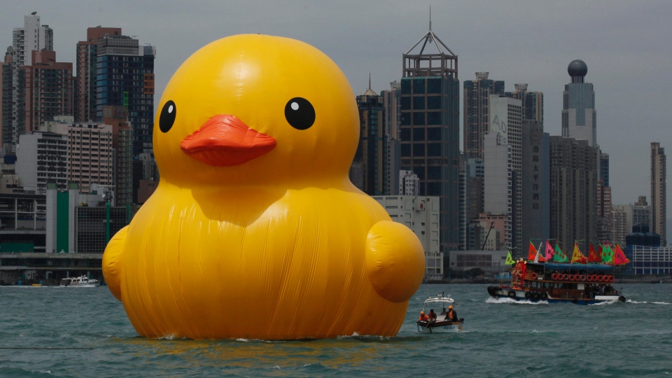 giant rubber duck created by Dutch artist Florentijn Hofman is towed