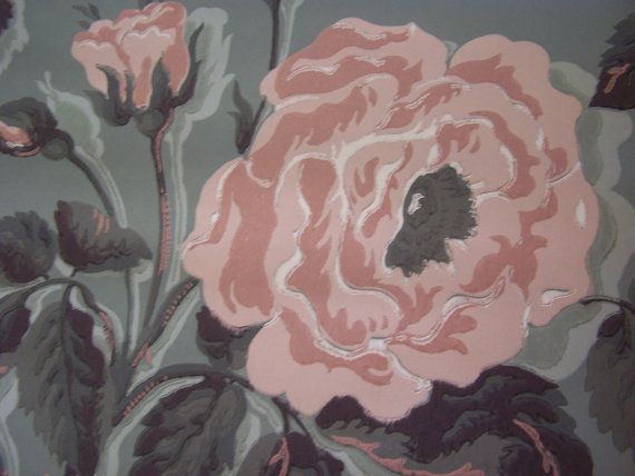 C1940s Joliet Vintage Wallpaper Pink Cabbage Roses Cottage Mixed Medi