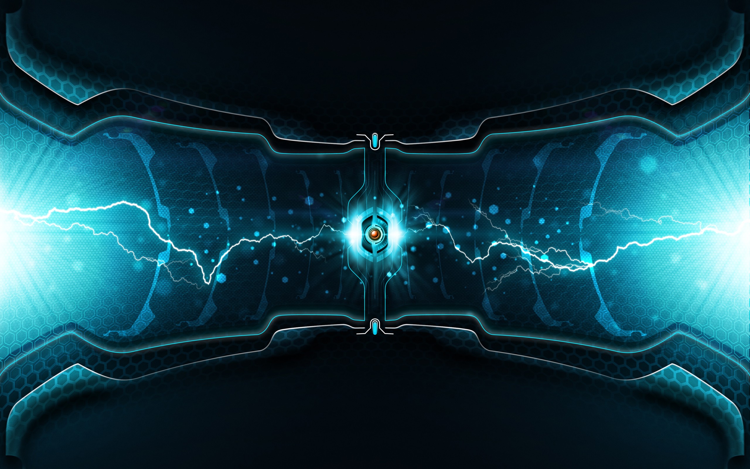 A cool, futuristic PC wallpaper with electric blue lightning, a central glowing core, and a dark, textured background