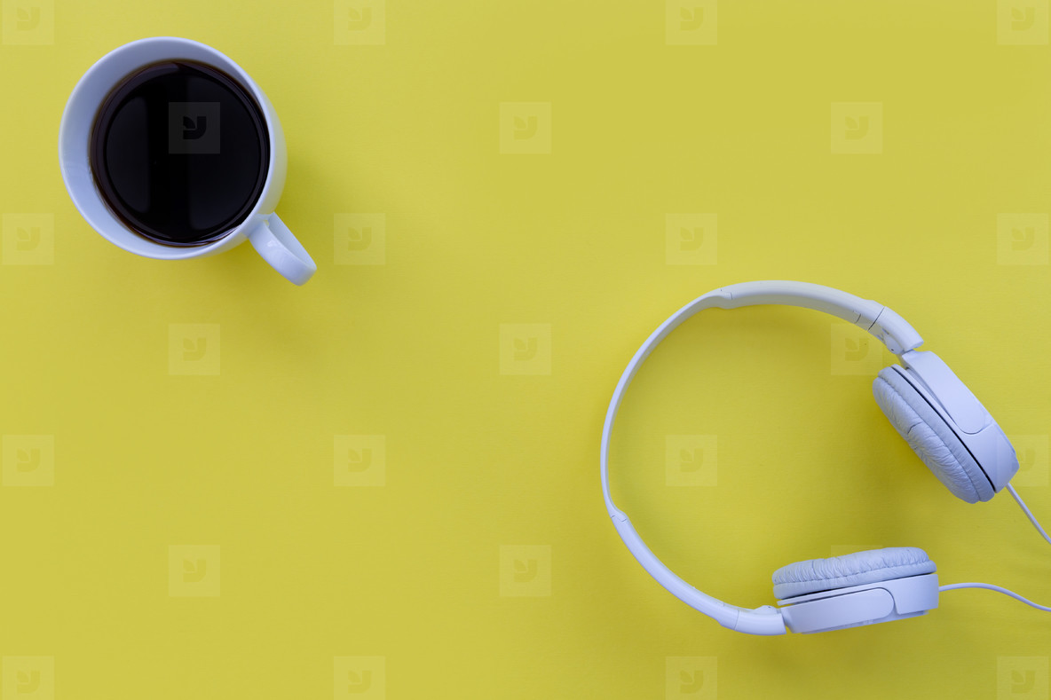 Photos White Music Headphones Coffee Cup On Yellow Background