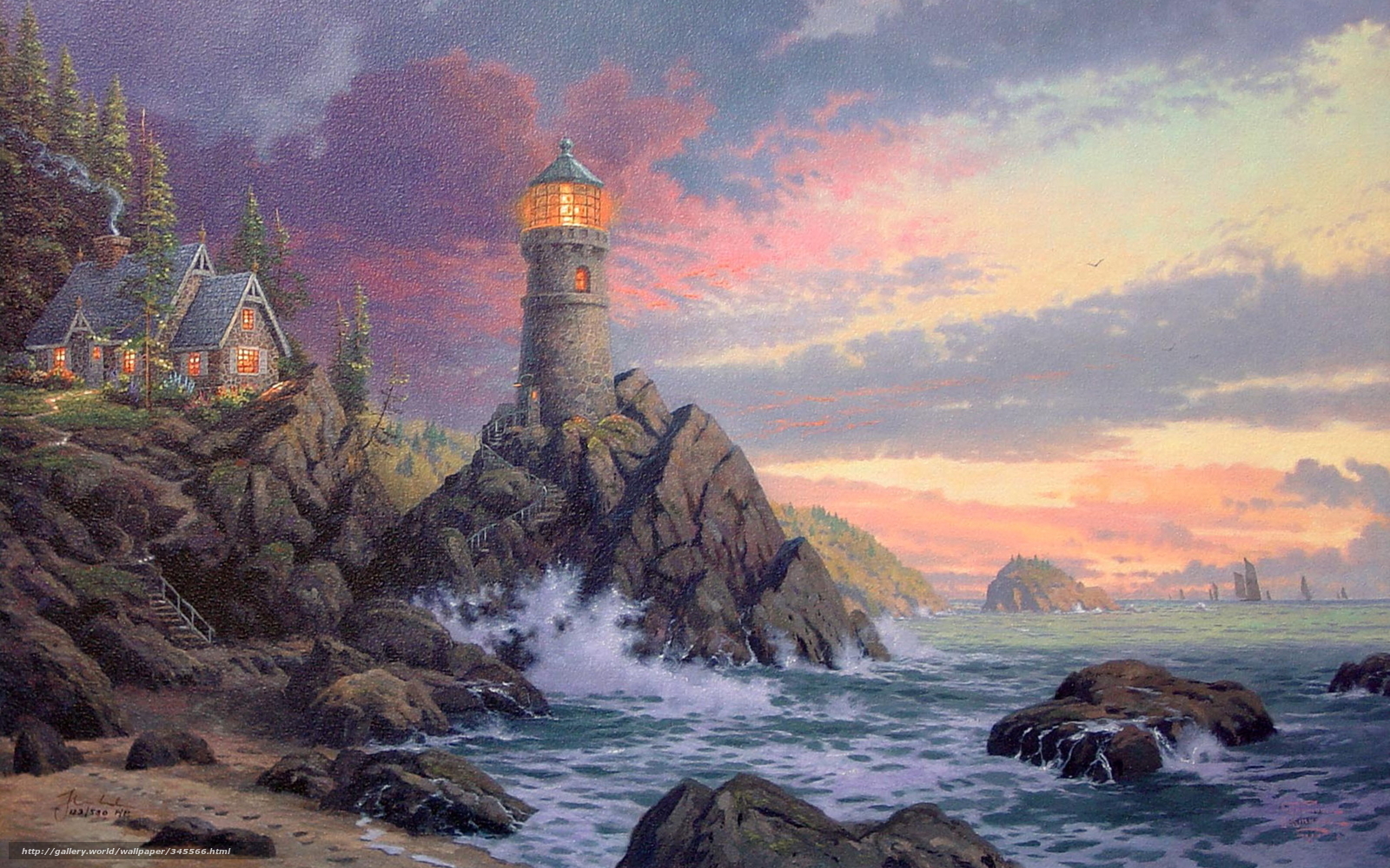 Wallpaper Thomas Kinkade Painting Lighthouse Rock Desktop
