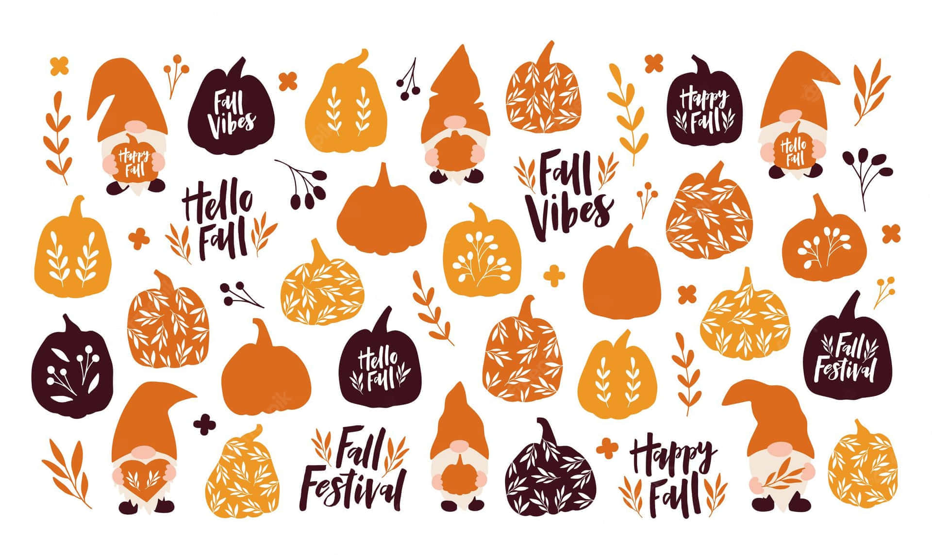 A whimsical illustration of autumn-themed gnomes, pumpkins, and fall foliage with text overlays like 'Fall Vibes', 'Happy Fall', and 'Fall Festival'