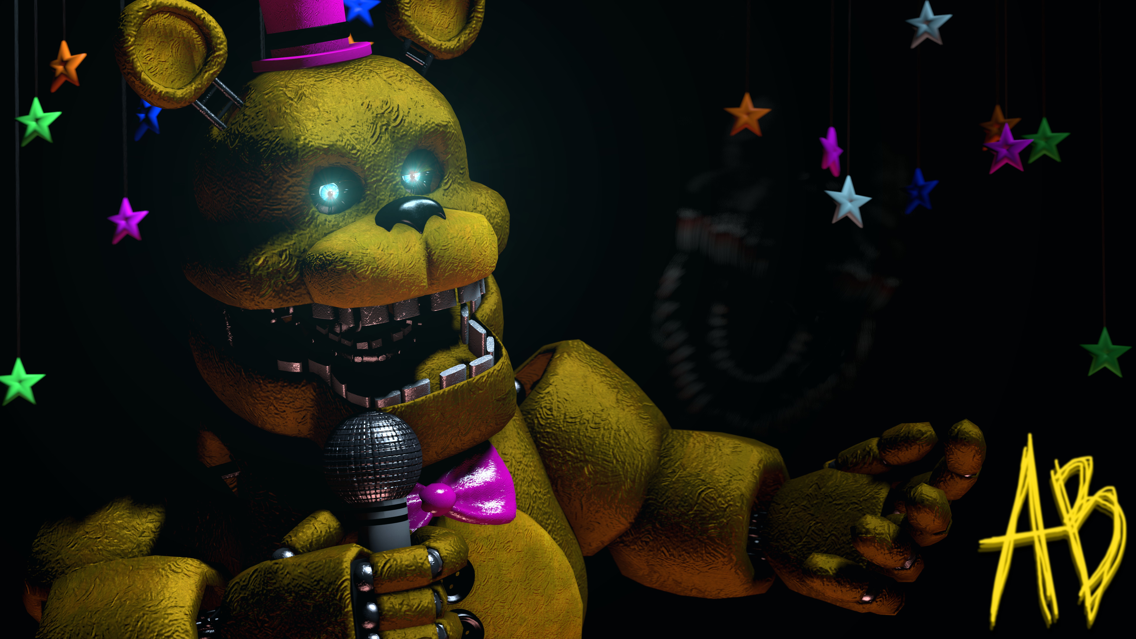Golden Freddy animatronic from Five Nights at Freddy's, holding a microphone and wearing a purple bow tie, against a dark background with hanging stars