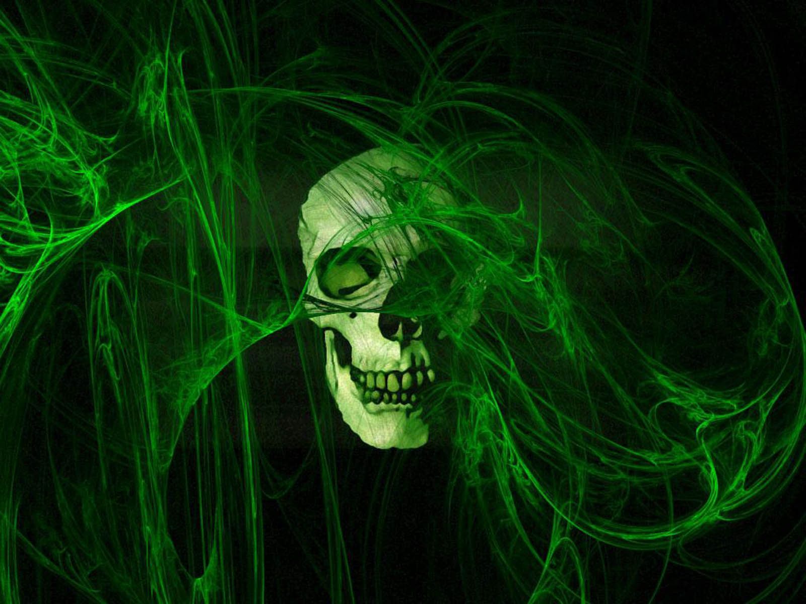 A cool green skull wallpaper with a mystical, ethereal aura