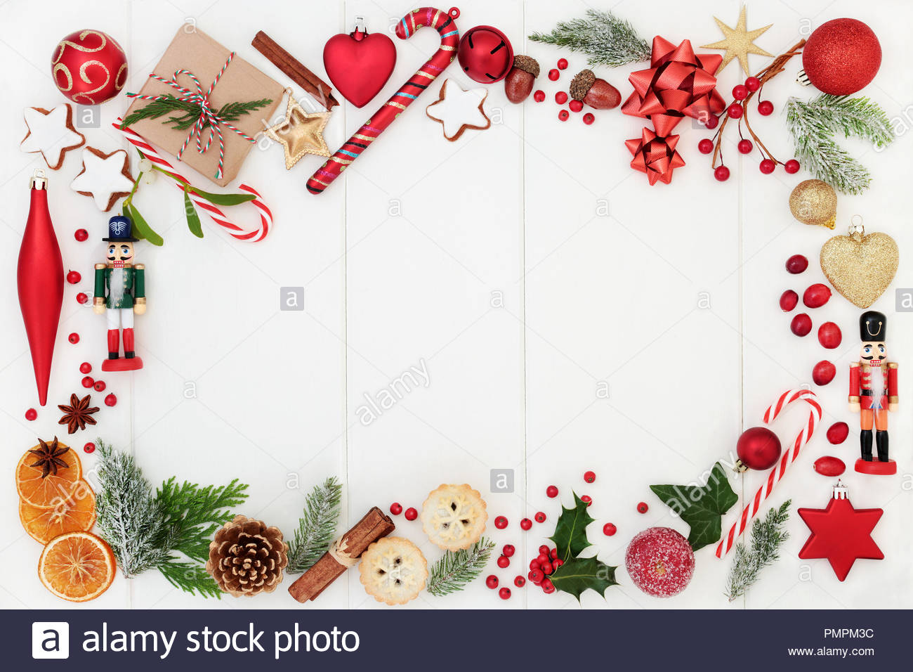 Christmas background border composition with traditional symbols