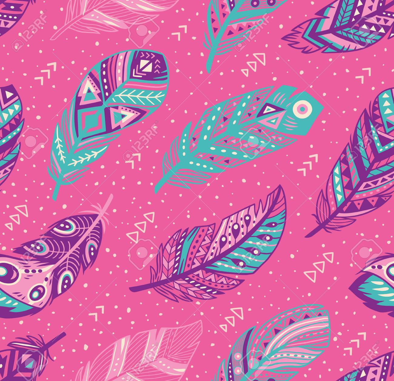 Decorative Feathers Pattern Tribal In Blue Pink And
