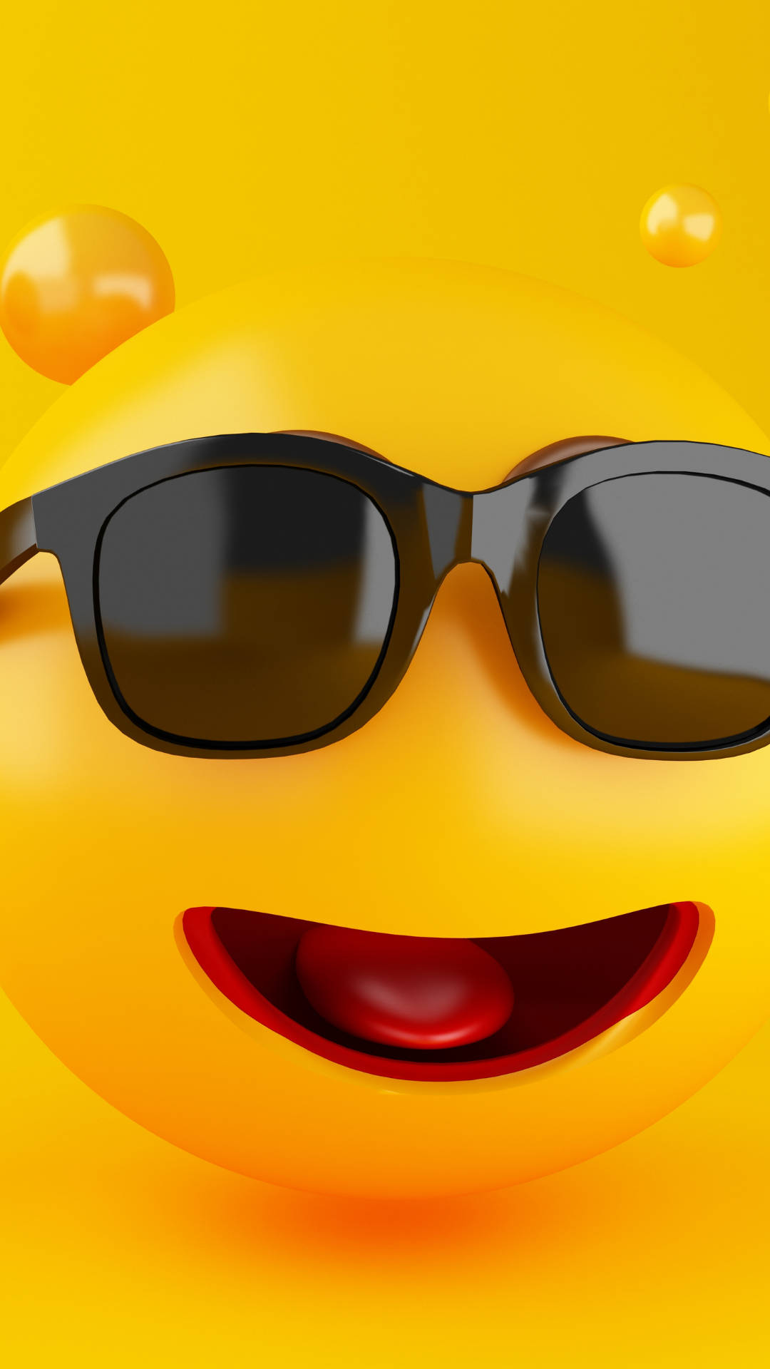 A 3D rendering of a smiling emoji wearing sunglasses against a bright yellow background
