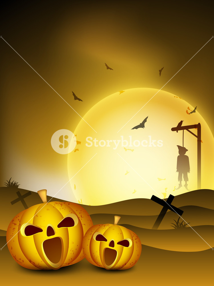 Spooky Halloween Night Background With Scary Pumpkins Royalty