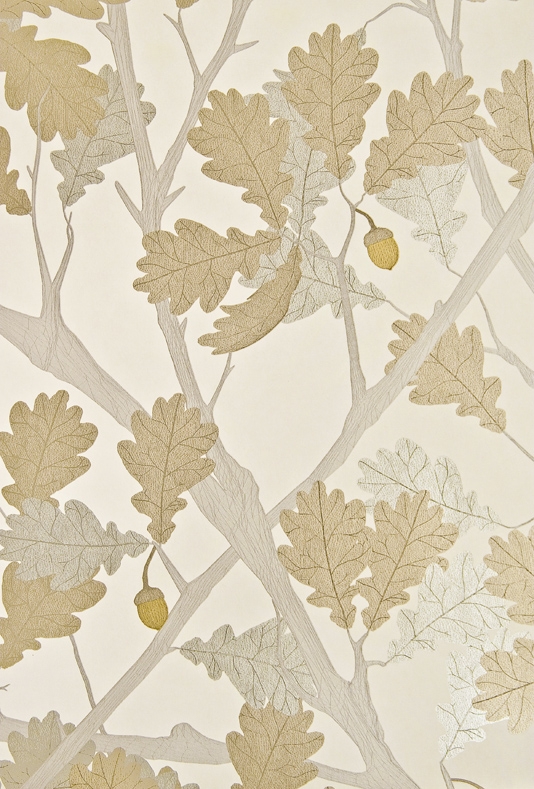 Wallpaper Ivory With Metallic Silver And Gilver Oak Tree