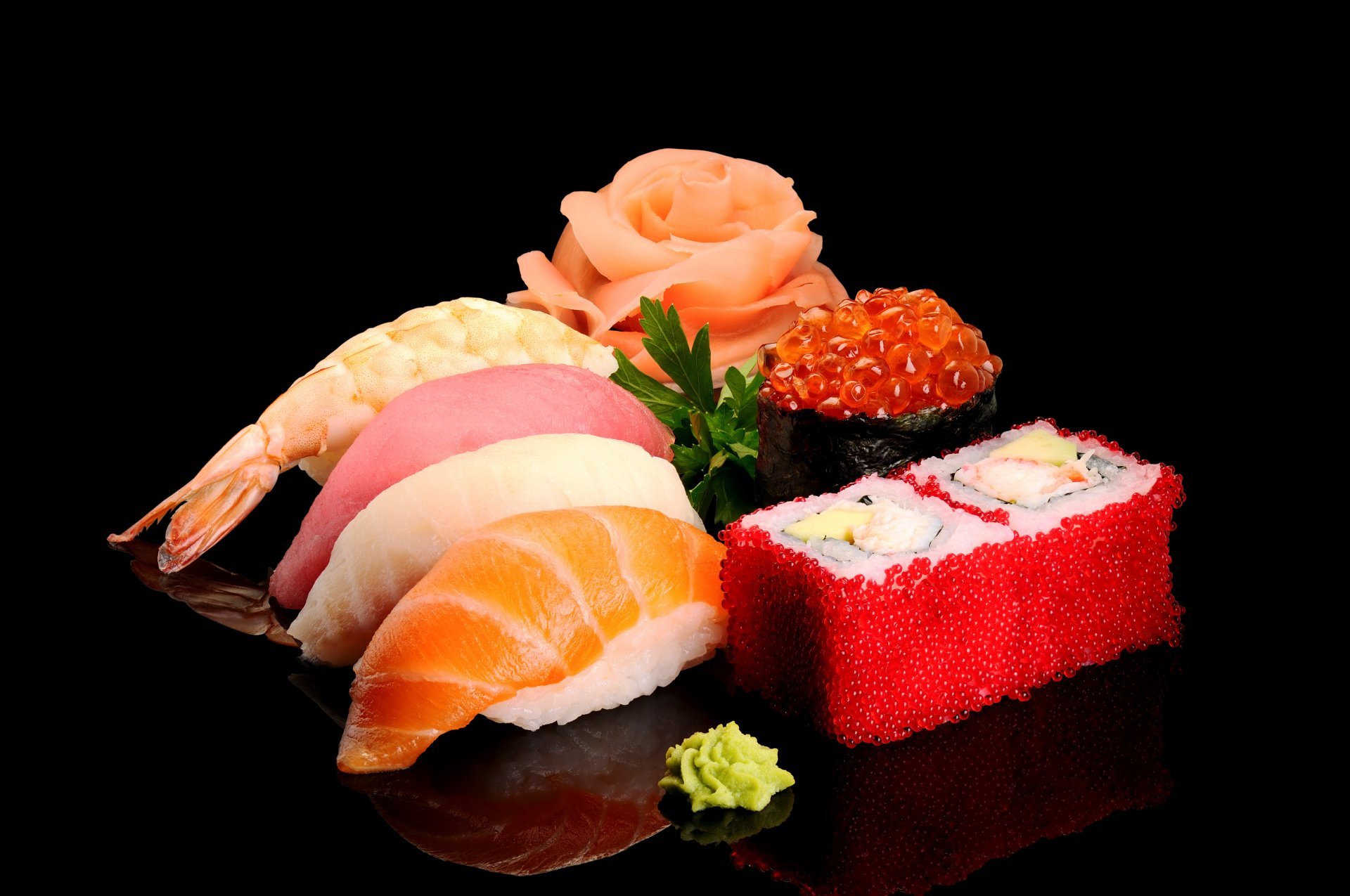 Land Salmon Tuna Shrimp Fish Figure Caviar Wasabi Green