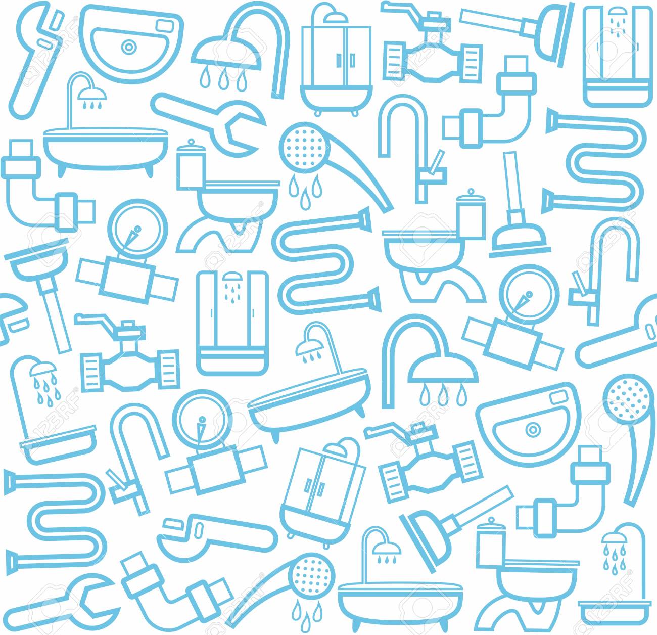 Plumbing And Tools White Background Blue Line Icons