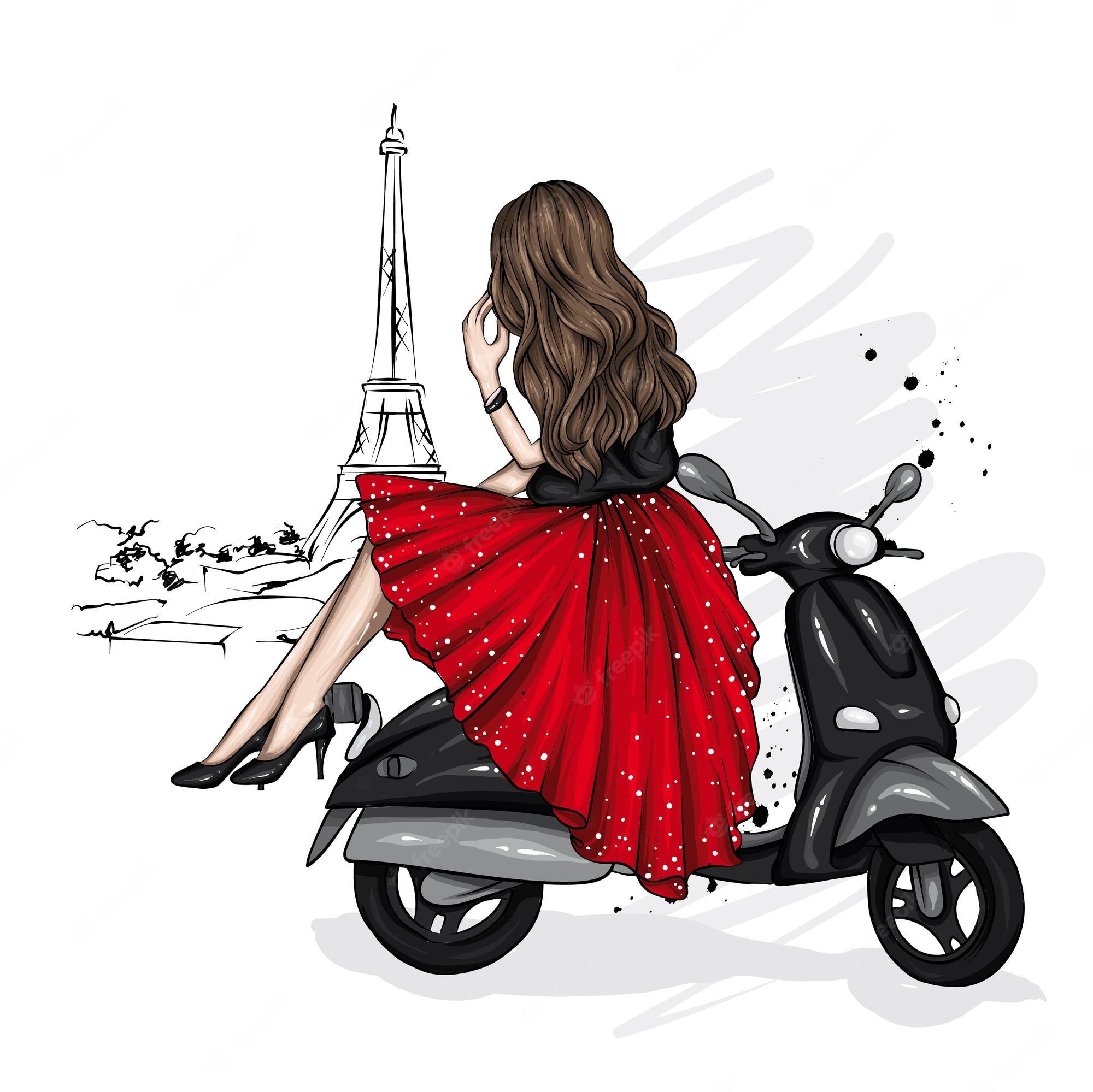 Premium Vector Beautiful girl in stylish clothes and a retro moped
