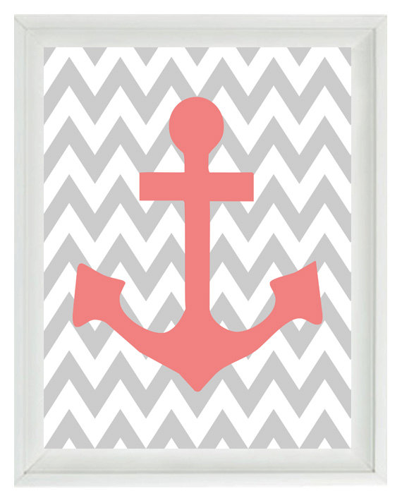 Anchor Beach Nautical Chevron Art Print Set Pink Gray Nursery Girl