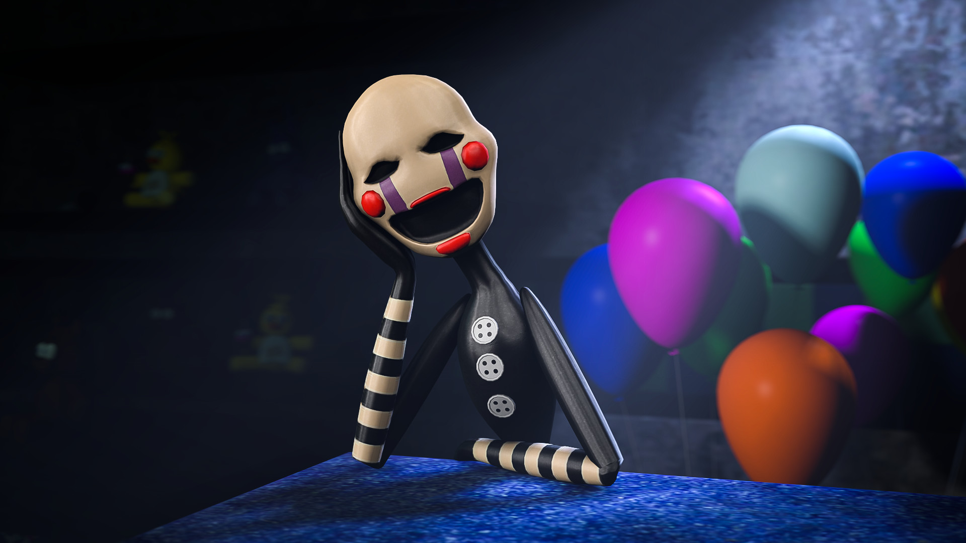 A render of the puppet from Five Nights at Freddy's, resting its head on its hand with colorful balloons in the background