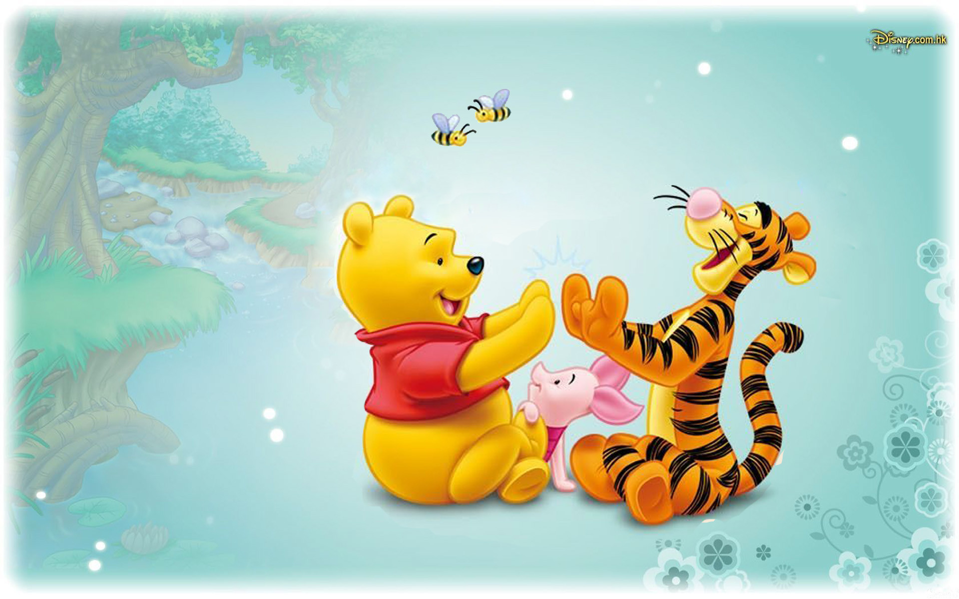 Winnie the Pooh, Tigger, and Piglet playing together in the Hundred Acre Wood