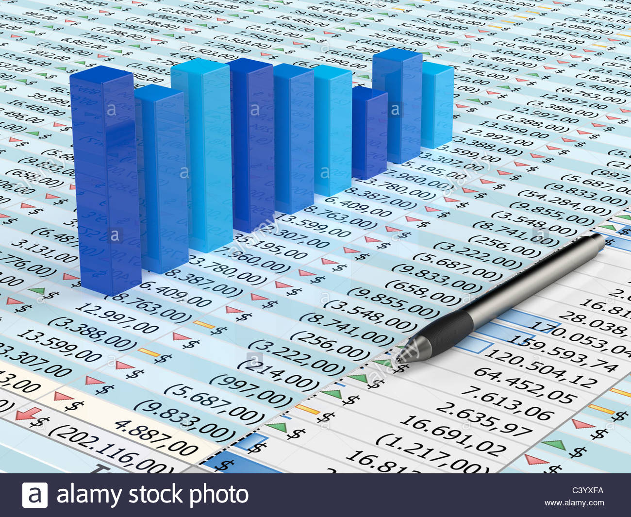 Spreadsheet With Pen And Blue Graph Bars Numbers In
