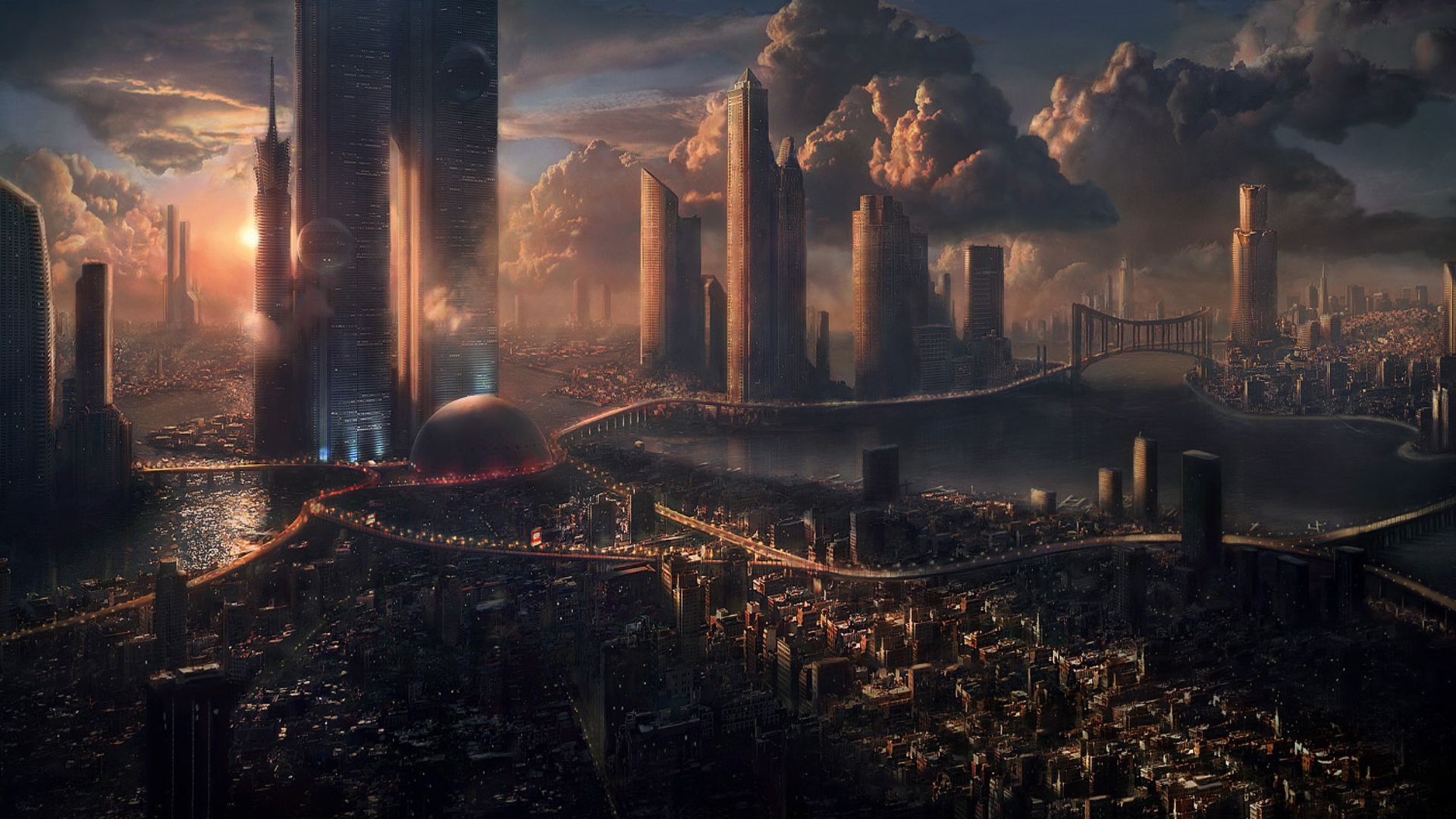 Sci Fi City Towers Sunset Wallpaper