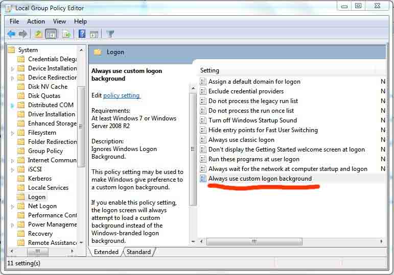 Local Group Policy Editor To Always Use Custom Logon Background