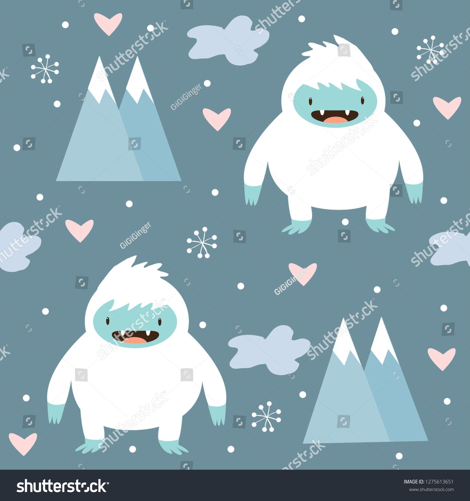 Cute Yeti And Snow Pattern On Blue Background Ad