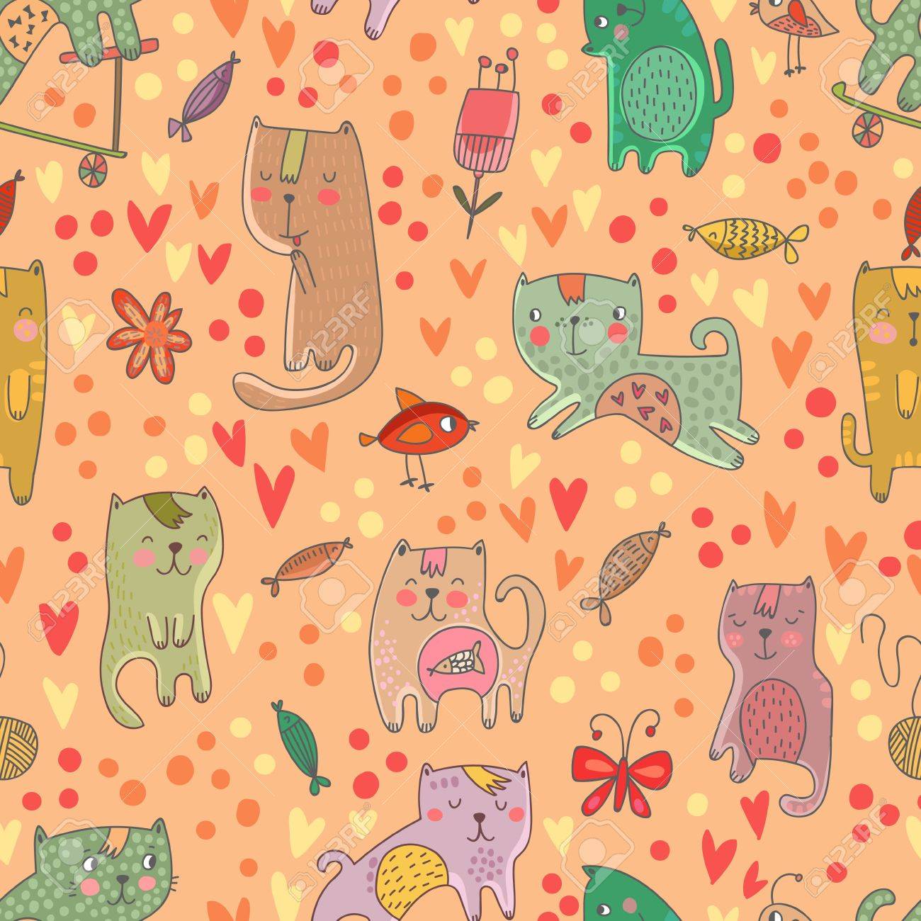 Childish Seamless Pattern With Cats And Fish In Vector